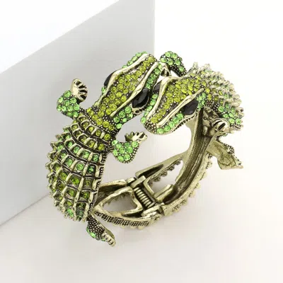 FASHNZFAB CRYSTAL RHINESTONE DOUBLE CROCODILE/ALLIGATOR EVENING HINGED CUFF BRACELET