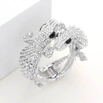 FASHNZFAB CRYSTAL RHINESTONE DOUBLE CROCODILE/ALLIGATOR EVENING HINGED CUFF BRACELET