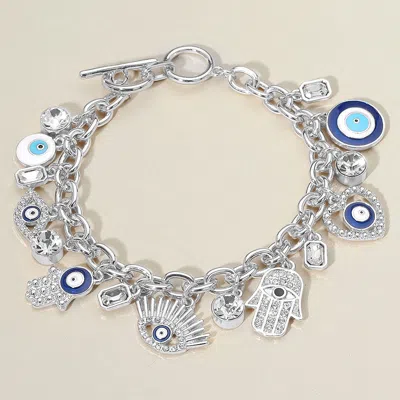 FASHNZFAB ENAMEL STONE PAVED EVIL EYE HAMSA HAND STONE BEZEL CHARM EMBELLISHED TOGGLE BRACELET