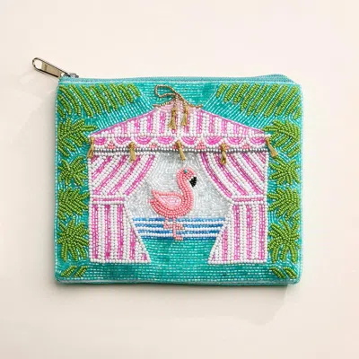 FASHNZFAB FLAMINGO CABANA PALM SEED BEADED MINI POUCH BAG