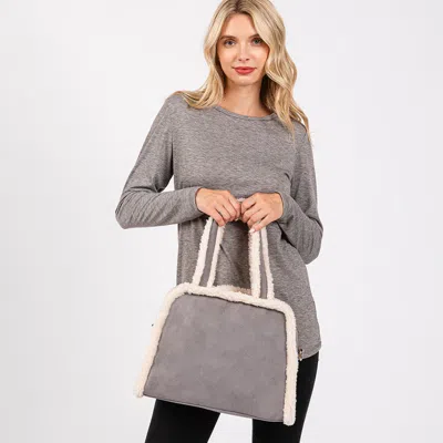 FASHNZFAB FLEECE TRIMMED SOLID TOTE / CROSSBODY BAG WITH ADJUSTABLE STRAP