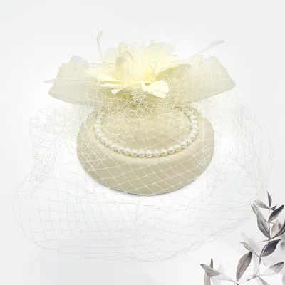 FASHNZFAB FLOWER BEAD FEATHER NETTING PEARL ACCENTED FASCINATOR / HEADBAND