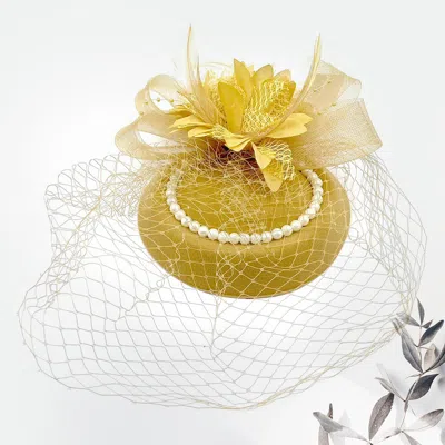 FASHNZFAB FLOWER BEAD FEATHER NETTING PEARL ACCENTED FASCINATOR / HEADBAND