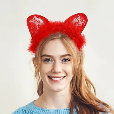 FASHNZFAB FLUFFY FUR TRIM LACE CAT EAR HEADBAND