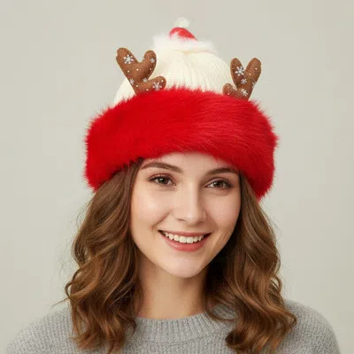 FASHNZFAB FUZZY FUR ANTLERS ACCENT CHRISTMAS KNIT BEANIE HAT