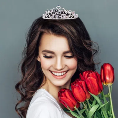 FASHNZFAB HAPPY BIRTHDAY CRYSTAL RHINESTONE PAVE PRINCESS TIARA