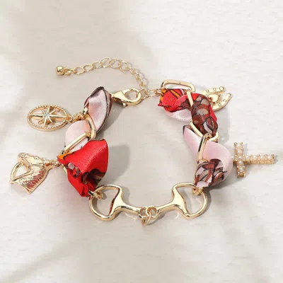 FASHNZFAB HORSEBIT LINK CENTER HORSE HORSESHOE PEARL CROSS STARBURST CHARM STATION FABRIC BRACELET