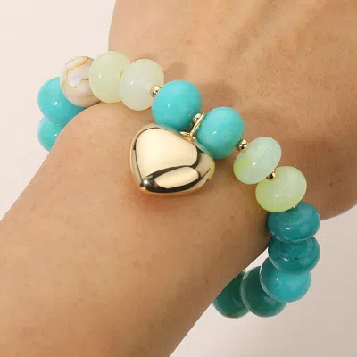 FASHNZFAB METAL HEART CHARM ACCENT RESIN PEBBLE BEADED STRETCH BRACELET