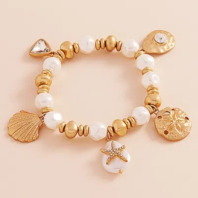 FASHNZFAB METAL SHELL SAND DOLLAR PEARL STARFISH CHARM PEARL BEADED STRETCH BRACELET