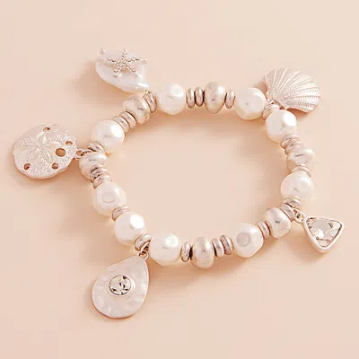 FASHNZFAB METAL SHELL SAND DOLLAR PEARL STARFISH CHARM PEARL BEADED STRETCH BRACELET