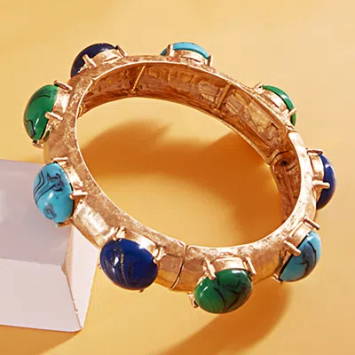 FASHNZFAB NATURAL ROUND STONE POINTED BRUSHED METAL STRETCH BRACELET