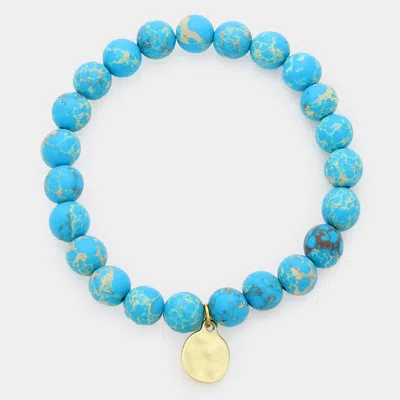 FASHNZFAB NATURAL STONE HAMMERED METAL CHARM STRETCH BRACELET