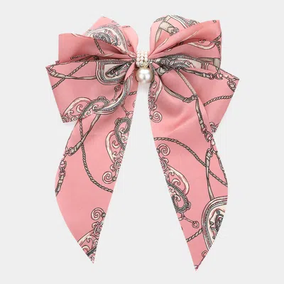 FASHNZFAB OVERSIZED PEARL DANGLE POINTED CHAIN PATTERN BOW BARRETTE