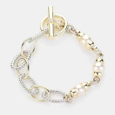 FASHNZFAB PEARL CZ STONE POINTED TWO TONE TEXTURED METAL LINK TOGGLE BRACELET