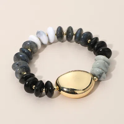 FASHNZFAB POLISHED METAL ACCENT RESIN PEBBLE BEADED STRETCH BRACELET