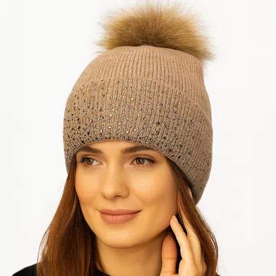 FASHNZFAB RHINESTONE RIBBED KNIT REAL FUR POM WINTER BEANIE HAT
