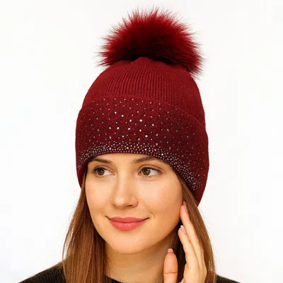 FASHNZFAB RHINESTONE RIBBED KNIT REAL FUR POM WINTER BEANIE HAT