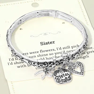 FASHNZFAB SISTER MESSAGE BOW HEART CHARM STRETCH BRACELET