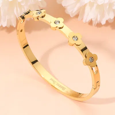 FASHNZFAB STAINLESS STEEL STONE ACCENT QUATREFOIL MOTIF HINGED BANGLE BRACELET