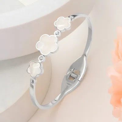 FASHNZFAB STAINLESS STEEL TRIPLE MOTHER OF PEARL QUATREFOIL STONE BEZEL POINTED HINGED BANGEL BRACELET