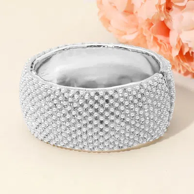 FASHNZFAB WIDE RHINESTONE PEARL PAVED HINGED EVENING BANGLE BRACELET