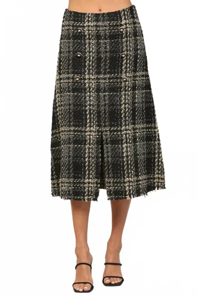 FATE TWEED BUTTON FRONT MIDI SKIRT IN BLACK