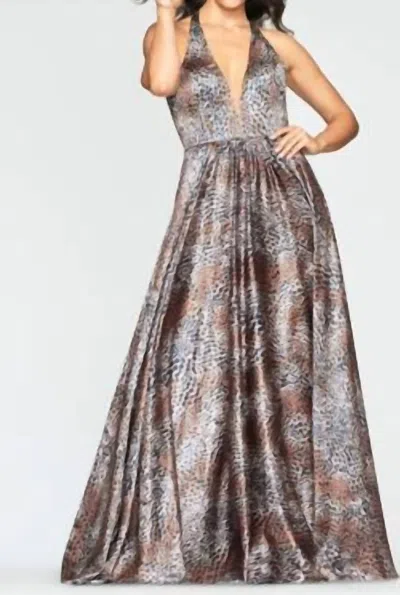 FAVIANA HALTER V-NECK GOWN IN CHEETAH PRINT