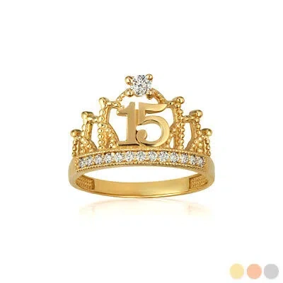 FDJ GOLD 15 AÑOS CZ QUINCEAÑERA ANILLO DE CORONA CROWN RING