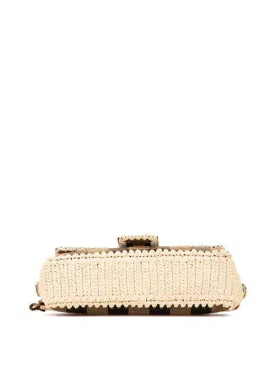 FENDI 2000-2010 PEQUIN GINGHAM CANVAS AND RAFFIA BAGUETTE SATCHEL