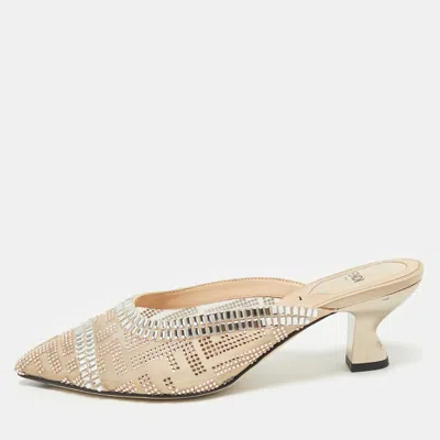 FENDI BEIGE MESH CRYSTAL EMBELLISHED COLIBRI HEEL MULES SIZE 35