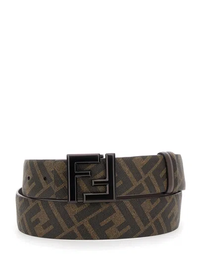 FENDI FENDI MEN BROWN BELT WITH METALLIC FF LOGO PLAQUE ON THE FRONT AND FF MOTIF IN LEATHER MAN