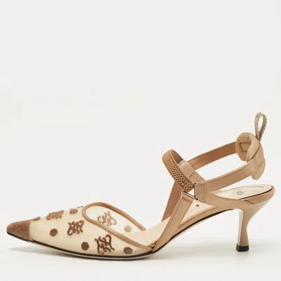 FENDI BROWN/BEIGE SATIN AND VELVET COLIBRI SLINGBACK PUMPS SIZE 36