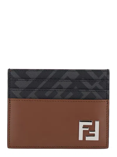 FENDI FENDI MEN BROWN CARD HOLDER WITH FF PLAQUE ON THE FRONT IN LEATHER AND FF CANVAS MAN
