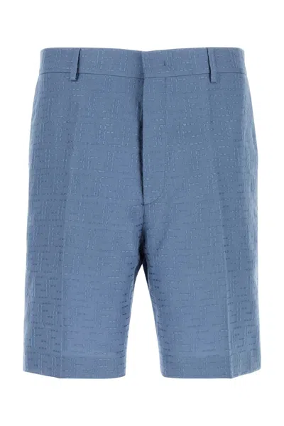 FENDI FENDI CERULEAN BLUE LINEN BLEND BERMUDA SHORTS