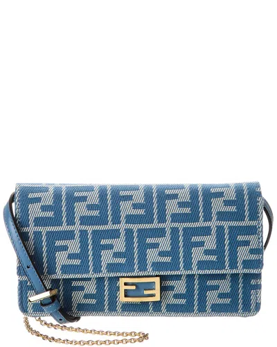 FENDI FENDI BAGUETTE FF DENIM JACQUARD & LEATHER WALLET ON CHAIN