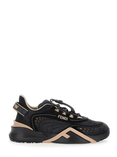 FENDI FENDI WOMEN 'FENDI FLOW' BLACK LOW TOP SNEAKERS WITH DIAGONAL F DETAIL IN LEATHER WOMAN