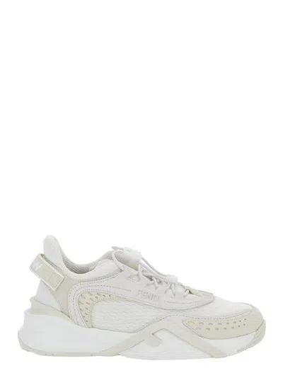 FENDI FENDI WOMEN 'FLOW' WHITE SNEAKERS WITH TOGGLE CLOSURE AND LOGO LETTERING ON THE SIDE IN TECH FABRIC 