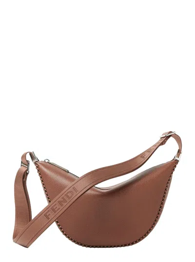 FENDI FENDI MEN 'MELON SMALL' BROWN CROSSBODY BAG  WITH LOGO STRAP AND METALLIC FFS ON THE SIDES IN LEATHE