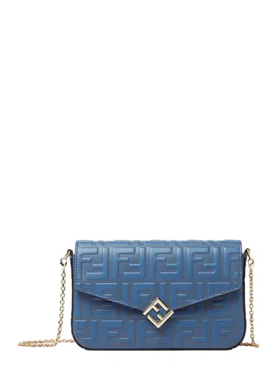 FENDI FENDI WOMEN BLUE MINI BAG WITH CHAIN-LINK SHOULDER STRAP AND ALL-OVER FF EMBOSSED MOTIF IN LEATHER W