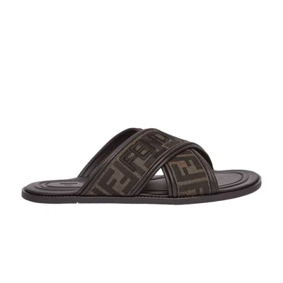 FENDI FENDI FF MOTIF FABRIC SLIDE 'EMBROIDERED LOGO - TOBACCO'