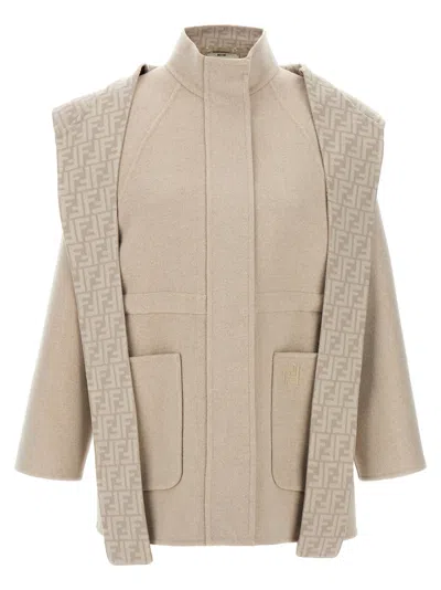 FENDI FF WOOL PARKA PUFFER JACKETS BEIGE