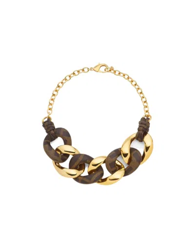 FENDI GOLD-COLORED METAL AND BROWN FF LEATHER NECKLACE