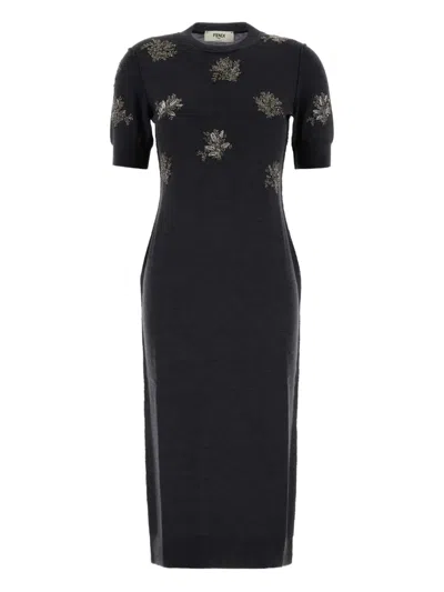 FENDI FLORAL-EMBROIDERED MIDI DRESS