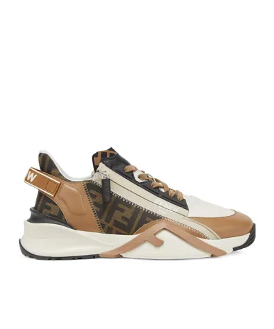 FENDI BROWN LEATHER AND BROWN FF JACQUARD RUNNING SHOES