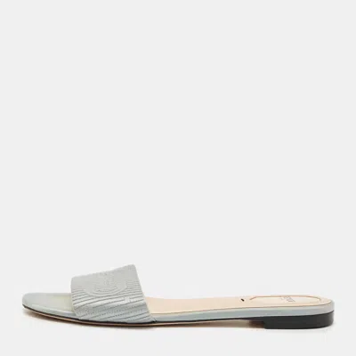 FENDI GREY SATIN LOGO EMBROIDERED FLAT SLIDES SIZE 39.5