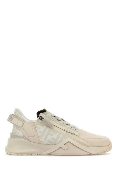 FENDI FENDI IVORY LEATHER AND JACQUARD FENDI FLOW SNEAKERS