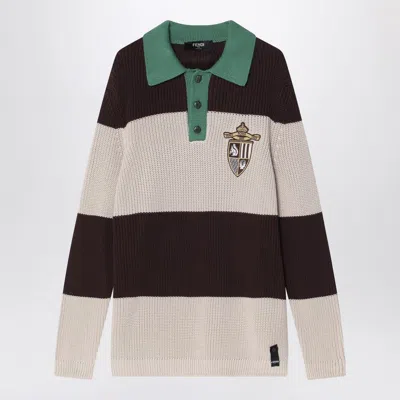 FENDI FENDI KNITTED COTTON POLO SHIRT WITH BROWN AND BEIGE STRIPES MEN