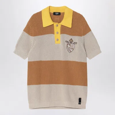 FENDI FENDI KNITTED COTTON POLO SHIRT WITH SAND AND BEIGE STRIPES MEN