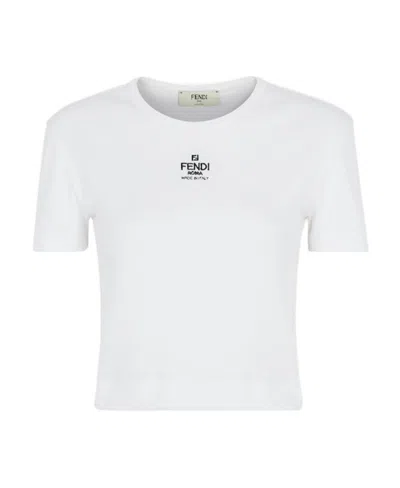 FENDI FENDI LOGO EMBROIDERED CREWNECK CROPPED T-SHIRT