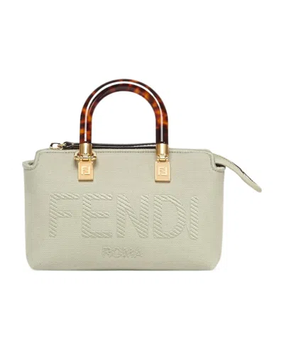 FENDI LIGHT GREEN CANVAS SMALL BOSTON BAG WITH FENDI ROMA EMBROIDERY